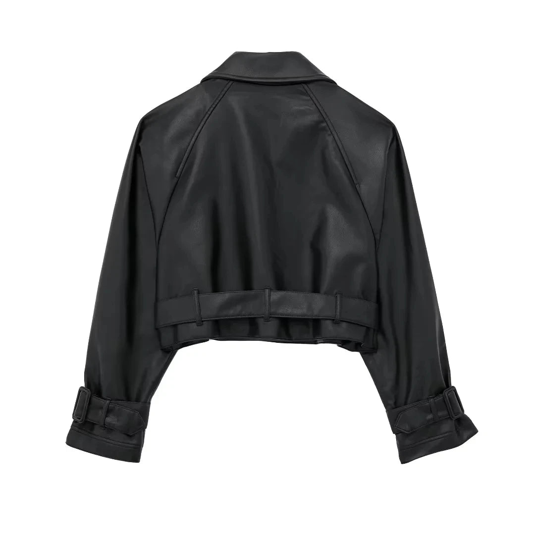 Peris Gems TRAF Cropped Black Jacket Woman Windbreaker Faux Leather Jacket Women Long Sleeve Trench Coat For Women Y2k Belt New In Jackets SHEIN Amazon Temu