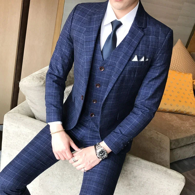 Peris Gems TZ61 blue 3PCS / Asia S (Blazer+Pants+Vest) Luxury Men Suit 3 Piece Set Fashion Boutique Lattice Groom Wedding Dress Men&