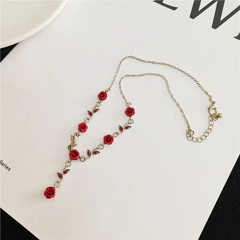 Peris Gems U Double Layer Red Zircon Rose Pendant Necklaces Y2K Layered Flower Stone Chain Necklace Irregular Floral Aesthetic Jewelry Gifts SHEIN Amazon Temu