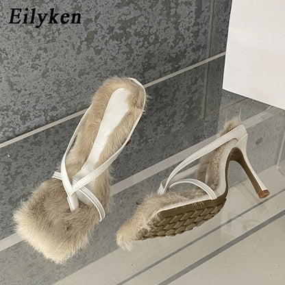 Peris Gems White / 36 Eilyken Design Faux Fur Slipper High Heels Shoes Fall Best Street Females Square Head Toe Clip-On Sandals Women SHEIN Amazon Temu