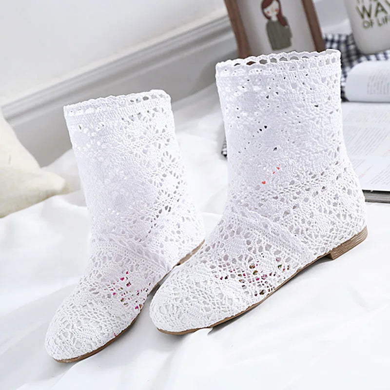 Peris Gems  WHITE / 4.5 Summer Shoes Breathable Mesh Summer Boots Women Flat Heel Ankle Botas Womens Boots Fashion Cut-Outs Brand ZH262 SHEIN Amazon Temu