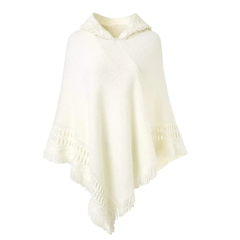 Peris Gems  White / One Size Casual Hooded Cloak Tassel Poncho Sweaters for Women SHEIN Amazon Temu