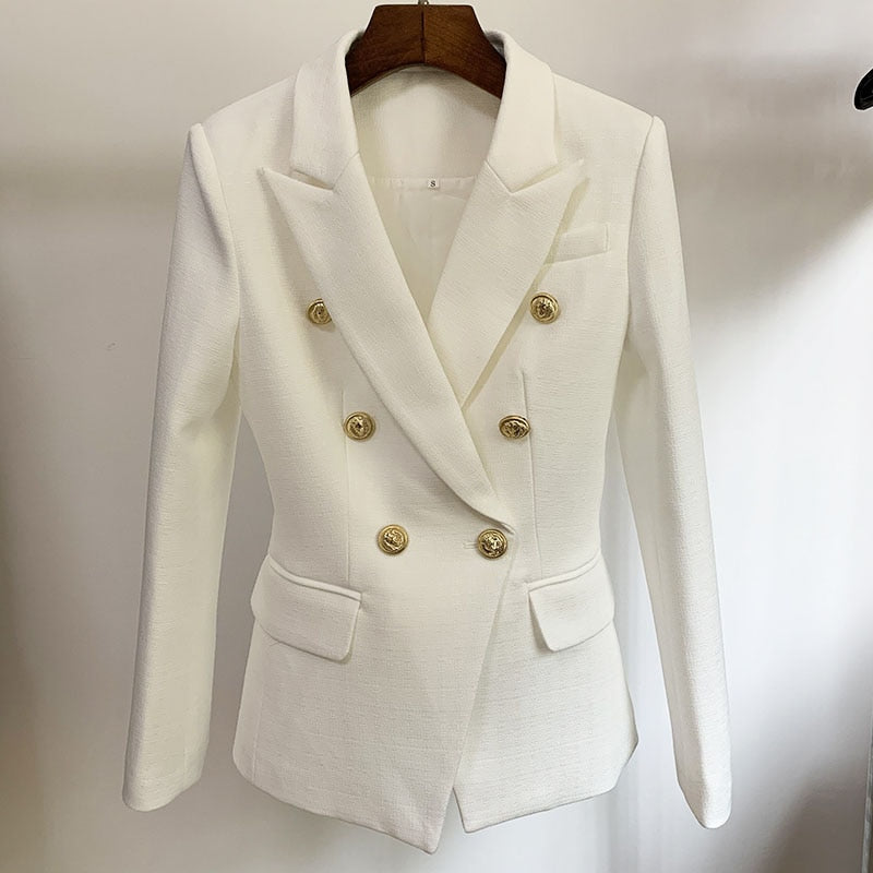 Peris Gems  White / S Slim Fitting Textured Blazer Jacket for Women | Lion Button Suit jacket Slim Fitting Textured Blazer Jacket for Women | Lion Button SHEIN Amazon Temu