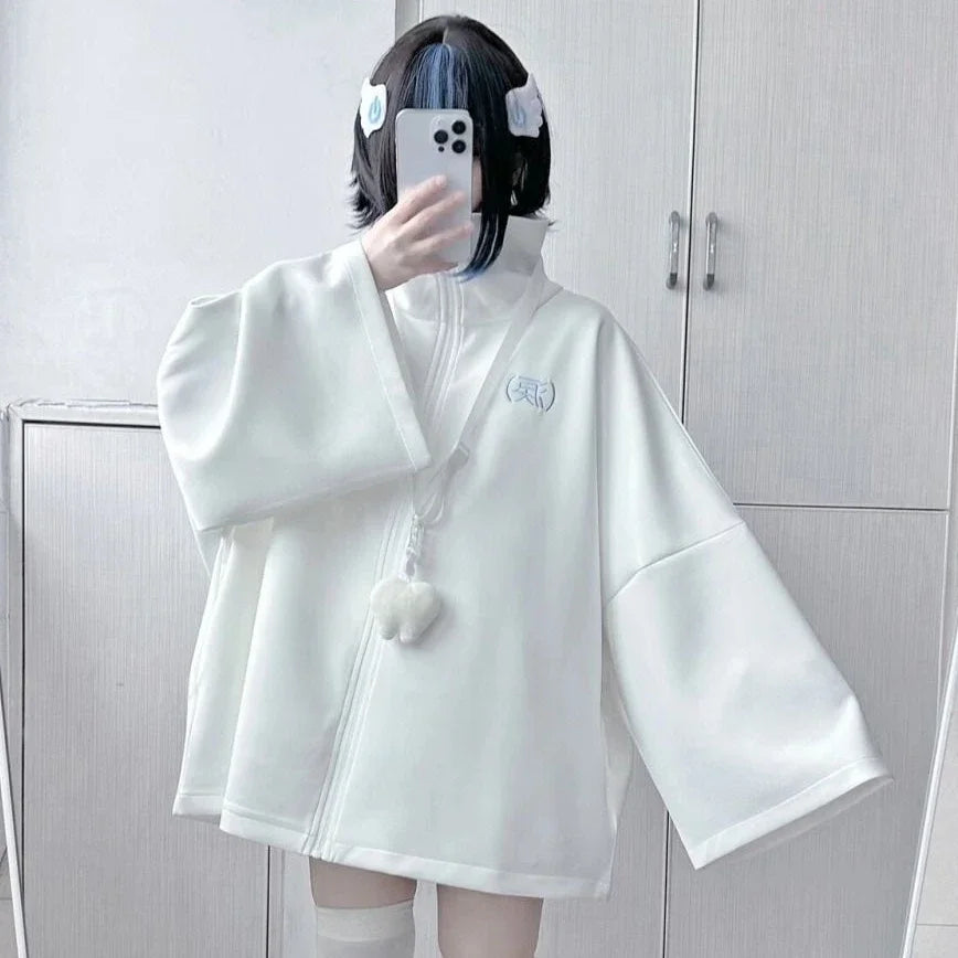 Peris Gems White / XL Autumn Japanese Casual Solid Hoodies Women Loose Y2k Aesthetic Oversized Embroidery Coats Harajuku Zipper Grunge Sweatshirts SHEIN Amazon Temu