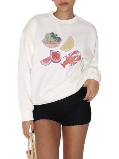 Peris Gems WHITE / XL Fruit Lobster Print Casual Oversized Sweatshirts for Women Fall Spring Long Sleeve Round Neck Pullovers Tops Trendy Hoodies Y2K SHEIN Amazon Temu