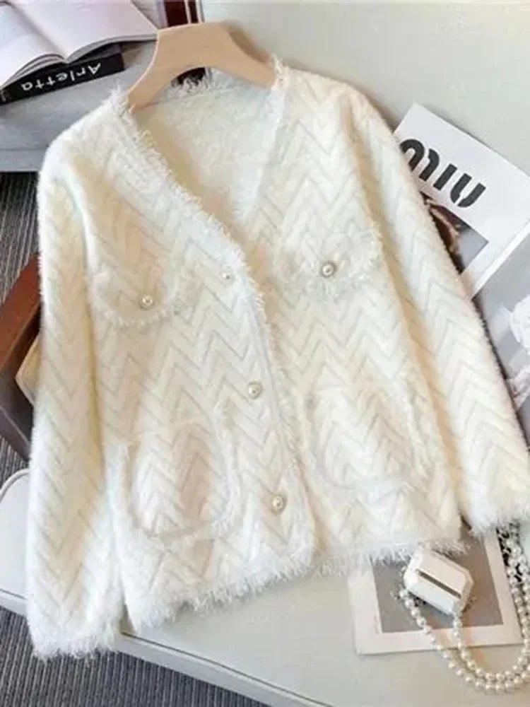 Peris Gems WHITE / XXL Elegant Imitation Mink Knit Cardigan Tassle Loose Solid Color Knitwear Coats Fall Oversize 95kg Soft V-neck Malhas Jacket PH288 SHEIN Amazon Temu