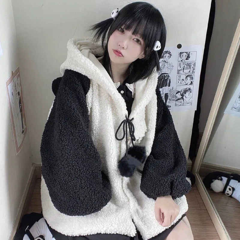 Peris Gems Winter Kawaii Hoodies Women Panda Ears Hooded Sweatshirt Plush Balls Zip-up Loose Cute Sudadera Teenager School Girls JK Clothes SHEIN Amazon Temu