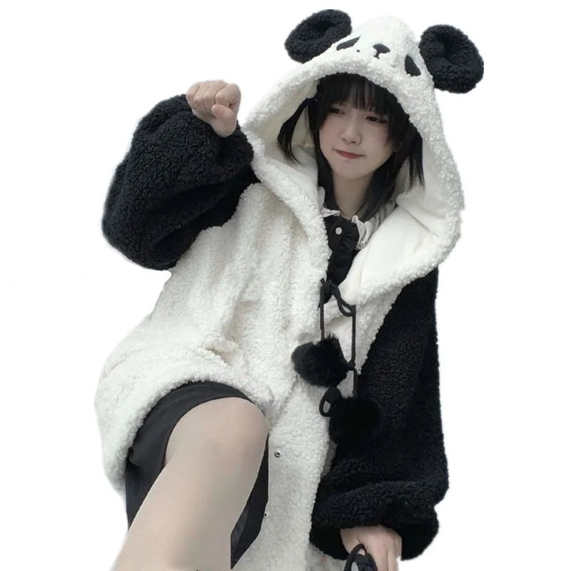 Peris Gems Winter Kawaii Hoodies Women Panda Ears Hooded Sweatshirt Plush Balls Zip-up Loose Cute Sudadera Teenager School Girls JK Clothes SHEIN Amazon Temu