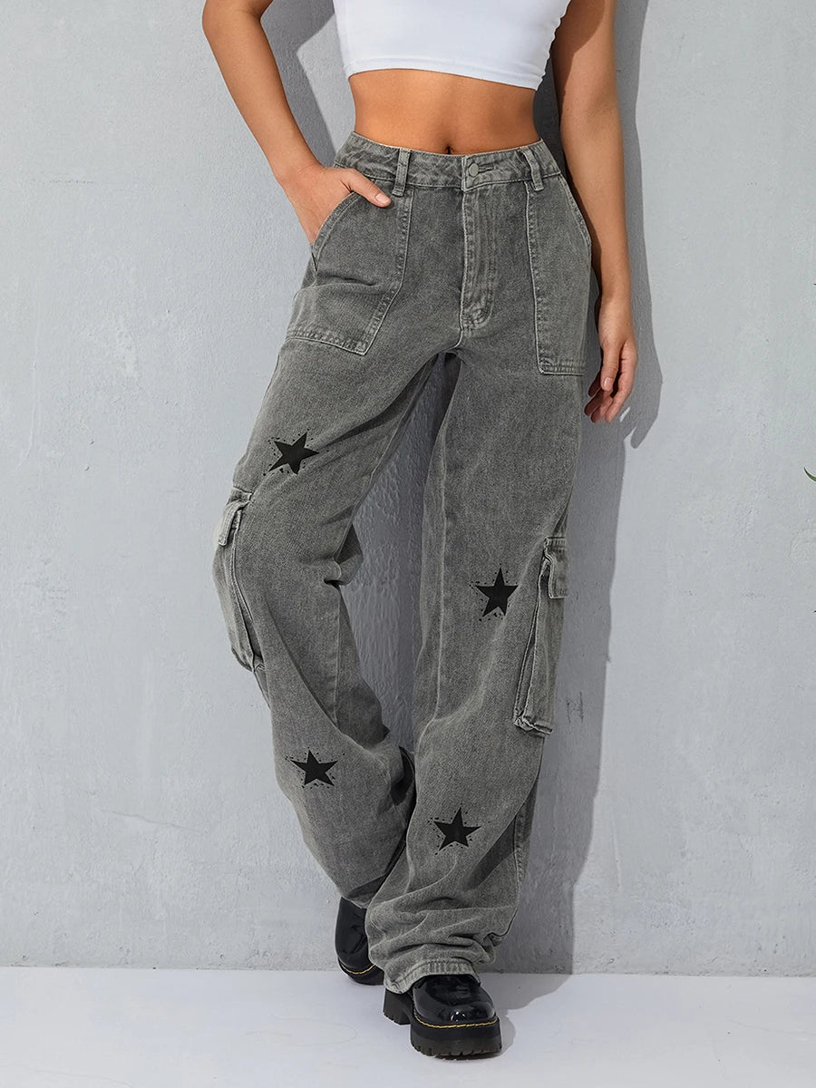 Peris Gems Women Straight Denim Pants Big Pockets Star Print Low Waist Jeans Hip Hop Cargo Pants Fall Spring Long Trousers Streetwear Y2K SHEIN Amazon Temu