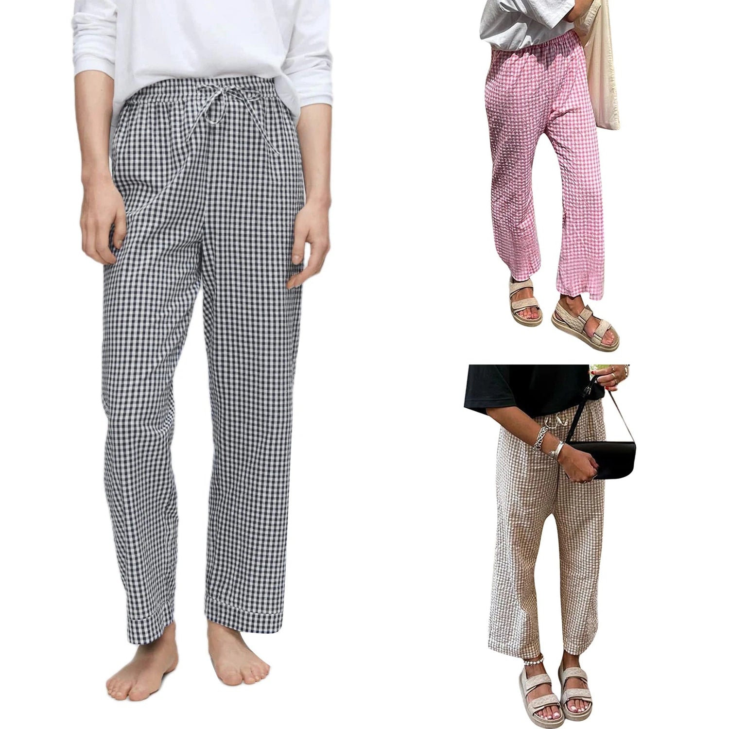 Peris Gems Women Summer Casual Pants Plaid Drawstring High Waist Straight Leg Trousers Y2K Striped Lounge Pants Female Trousers Streetwear SHEIN Amazon Temu