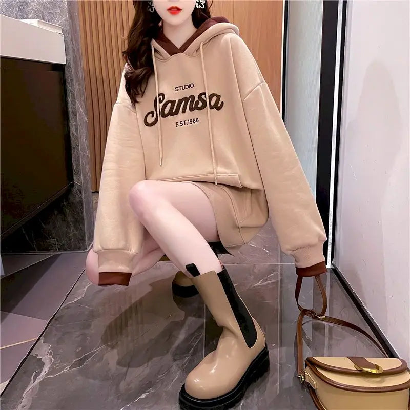 Peris Gems Womens Hoodies Autumn Winter Trendy Plush Thicken Hooded Coats Fashion Fake Two-piece Hoodie Letter Embroidery Oversized Clothes SHEIN Amazon Temu