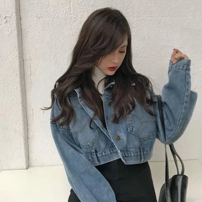 Peris Gems Xpqbb Cropped Denim Jacket Women Korean Fashion Back Split Buttons Up Bomber Jacket Female Lapel Long Sleeve Jeans Coats 2023 SHEIN Amazon Temu