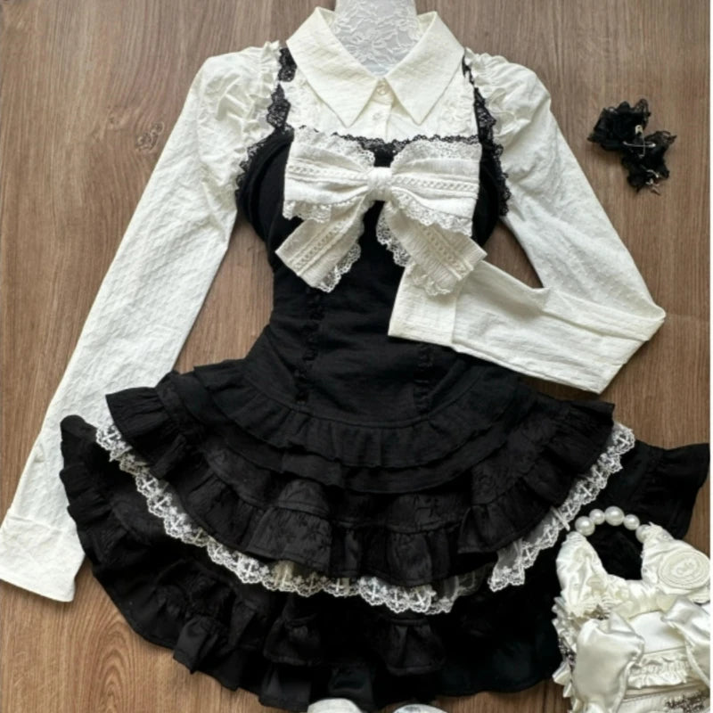 Peris Gems Y2k Aesthetic Lolita Style 3 Piece Set Women Kawaii White Shirt Bow Lace Vest Ruffle Mini Skirts Japan Fashion Gothic Skirt Suit Y2k Aesthetic Lolita Style 3 Piece Set Women Kawaii White Shirt Bow Lace Vest Ruffle Mini Skirts Japan Fashion Gothic Skirt Suit SHEIN Amazon Temu