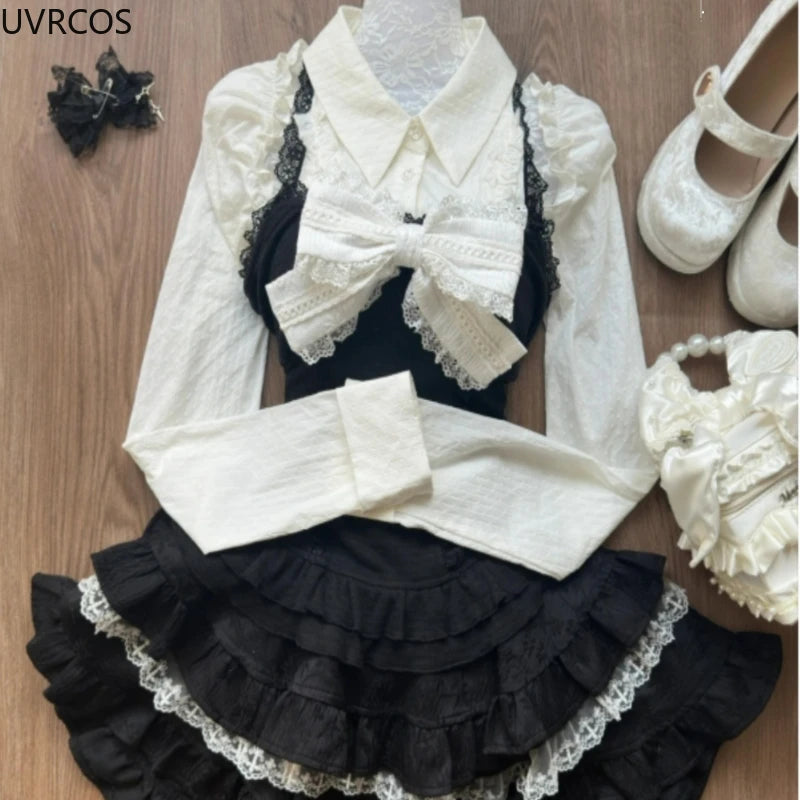 Peris Gems Y2k Aesthetic Lolita Style 3 Piece Set Women Kawaii White Shirt Bow Lace Vest Ruffle Mini Skirts Japan Fashion Gothic Skirt Suit Y2k Aesthetic Lolita Style 3 Piece Set Women Kawaii White Shirt Bow Lace Vest Ruffle Mini Skirts Japan Fashion Gothic Skirt Suit SHEIN Amazon Temu