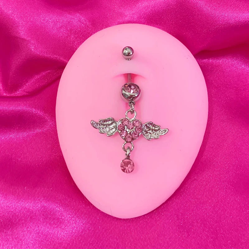 Peris Gems Y2K Body Accessory Pink Crystal Heart Belly Button Rings Sexy Jewelry Angel Wing Body Piercing Belly Button Ring Cute Belly Ring SHEIN Amazon Temu