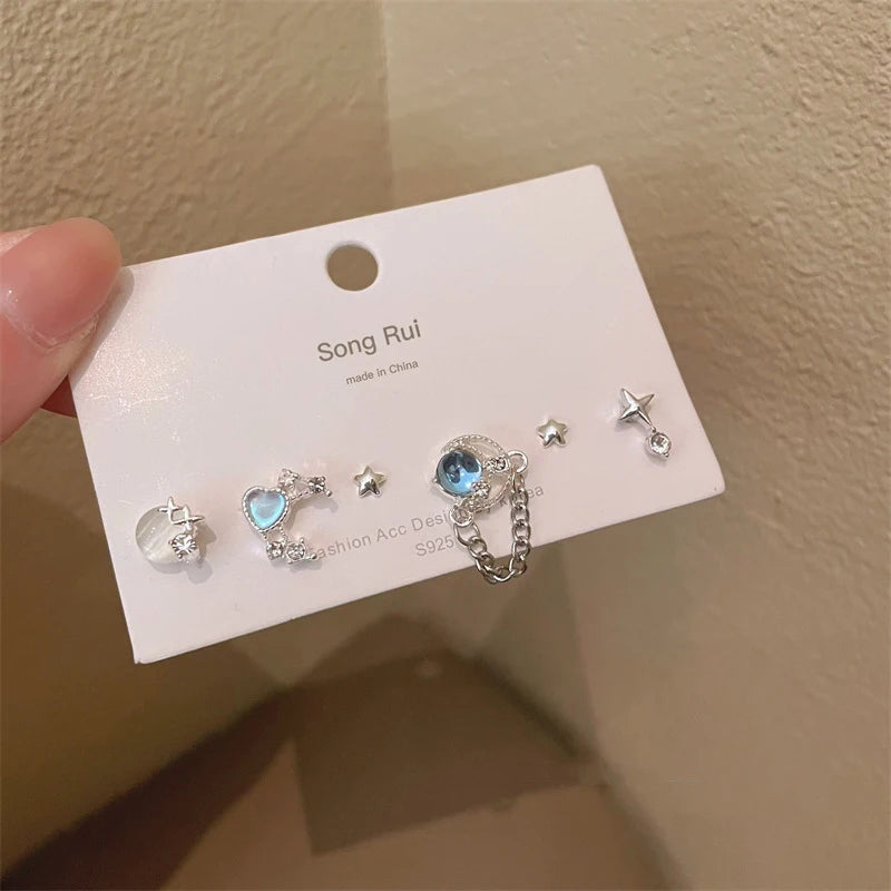 Peris Gems Y2k Bowknot Heart Zircon Stud Earrings For Women Girls Silver Color Star Piercing Earrings Set Korean Trendy Jewelry Party Gifts SHEIN Amazon Temu