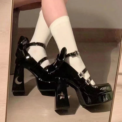 Peris Gems Y2k Chunky Platform High Heels Pumps Women 2023 Spring Punk Thick Heel Mary Jane Lolita Shoes Woman Patent Leather Cosplay Shoes SHEIN Amazon Temu