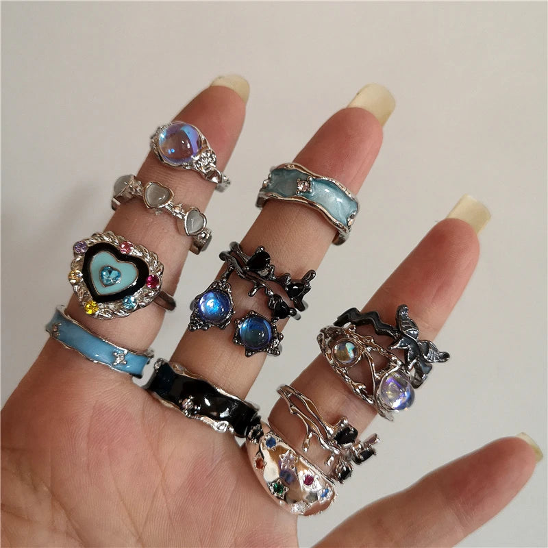 Peris Gems Y2K Kpop Crystal Heart Star Adjustable Irregular Geometry Punk Vintage Harajuku Rings Set For Women Girl Fashion Grunge Jewelry SHEIN Amazon Temu