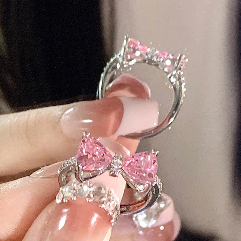 Peris Gems Y2K Pink Crystal Bowknot Zircon Rings for Women Fashion Sweet Lovely Girl Open Adjustable Ring Kpop Party Jewelry Gift 2023 SHEIN Amazon Temu