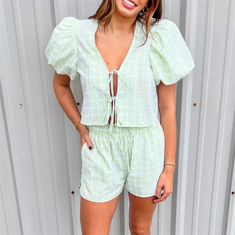 Peris Gems Y2k Plaid Print Peplum Shirt Shorts Set Two Piece Lounge Set Puff Sleeve Tie Front Top 2pcs Outfits Set Fashion Streetwear Y2k Plaid Print Peplum Shirt Shorts Set Two Piece Lounge Set Puff Sleeve Tie Front Top 2pcs Outfits Set Fashion Streetwear SHEIN Amazon Temu