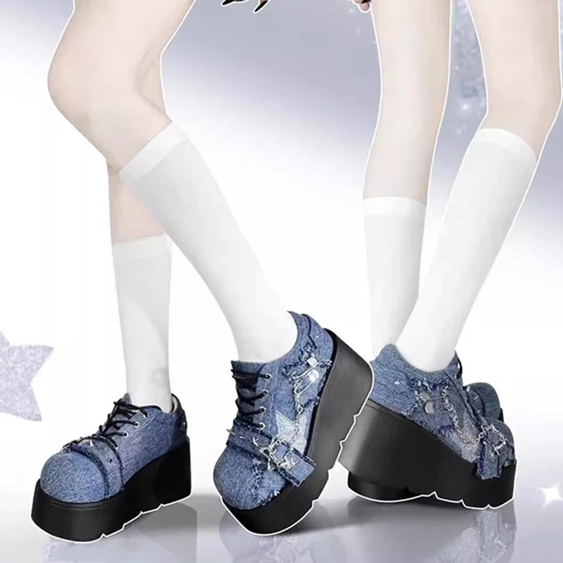 Peris Gems Y2K Star Print Chunky Platform Ankle Boots Women 2023 New Metal Chain Blue Denim Boots Woman Cute Thick Bottom Jk Lolita Shoes SHEIN Amazon Temu