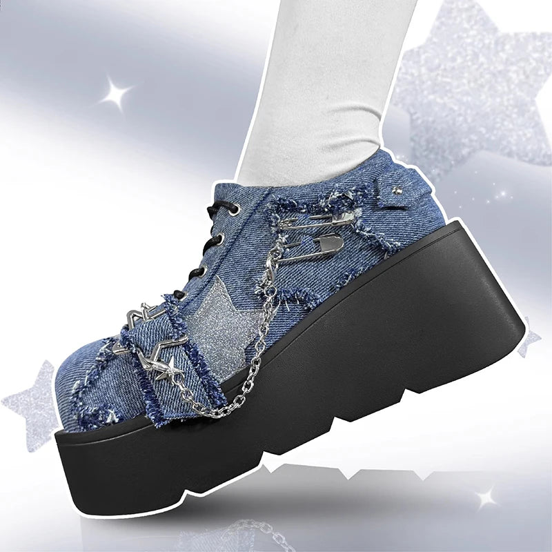 Peris Gems Y2K Star Print Chunky Platform Ankle Boots Women 2023 New Metal Chain Blue Denim Boots Woman Cute Thick Bottom Jk Lolita Shoes SHEIN Amazon Temu