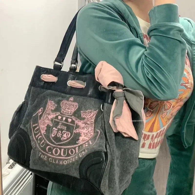 Peris Gems Y2K Women Gothic Black Embroidery Velvet Shoulder Bag Vintage Aesthetic Designer Luxury Handbags Pink Tote Bags Big Purses Women SHEIN Amazon Temu