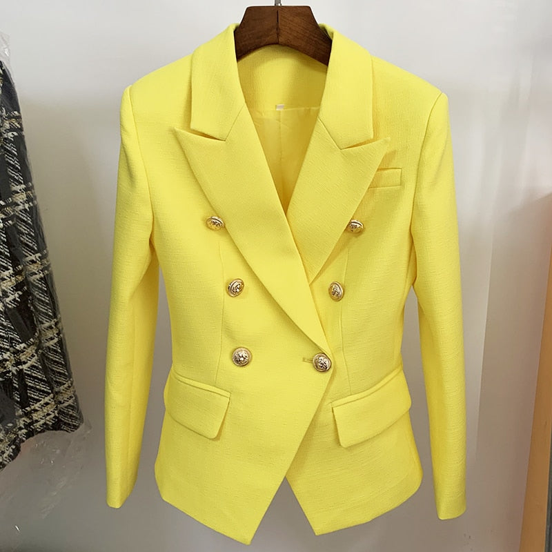 Peris Gems  Yellow / S Slim Fitting Textured Blazer Jacket for Women | Lion Button Suit jacket Slim Fitting Textured Blazer Jacket for Women | Lion Button SHEIN Amazon Temu